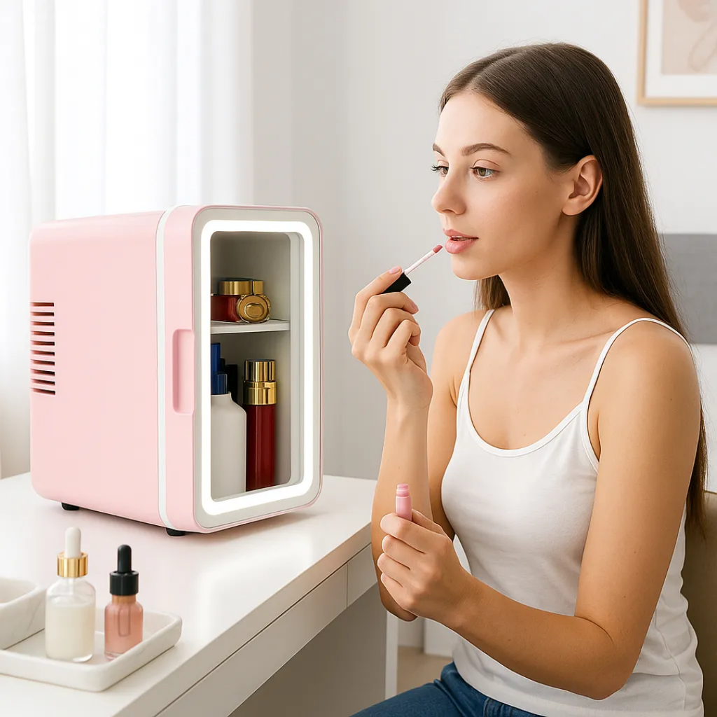Mini Refrigerador De Maquillaje Con Espejo Y Luz Led 4l Rosa