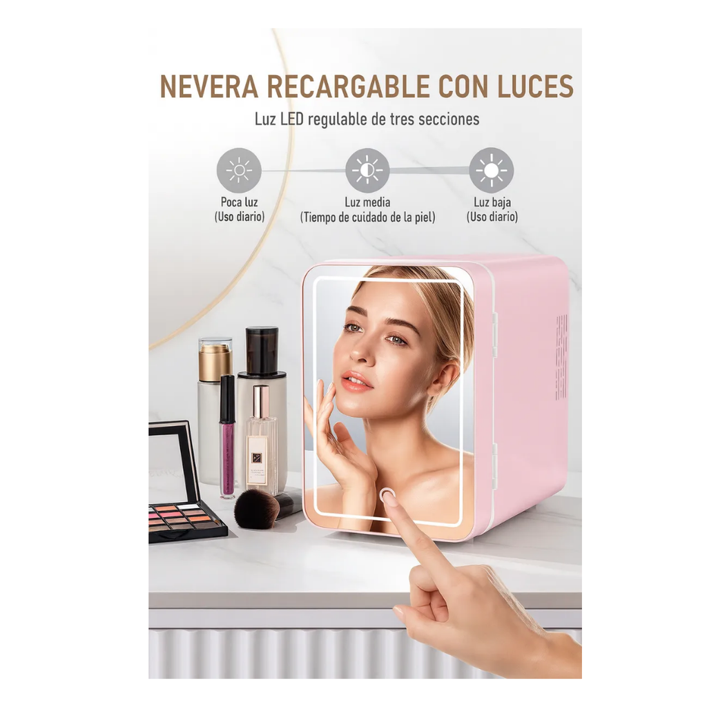 Mini Refrigerador De Maquillaje Con Espejo Y Luz Led 4l Rosa