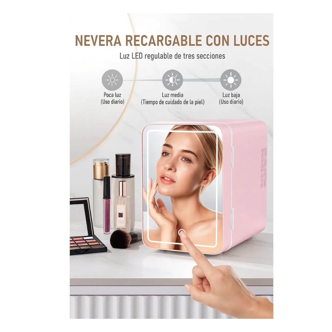 Mini Refrigerador De Maquillaje Con Espejo Y Luz Led 4l Rosa