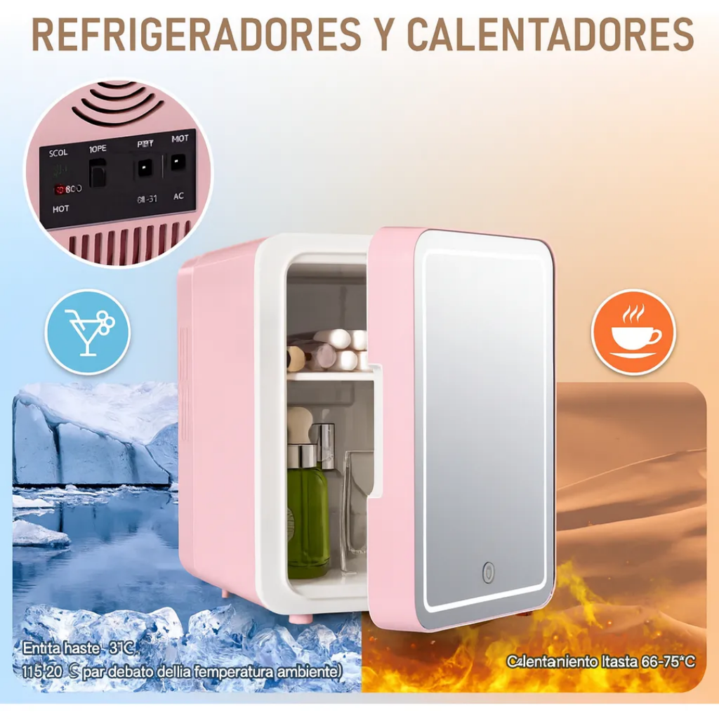 Mini Refrigerador De Maquillaje Con Espejo Y Luz Led 4l Rosa