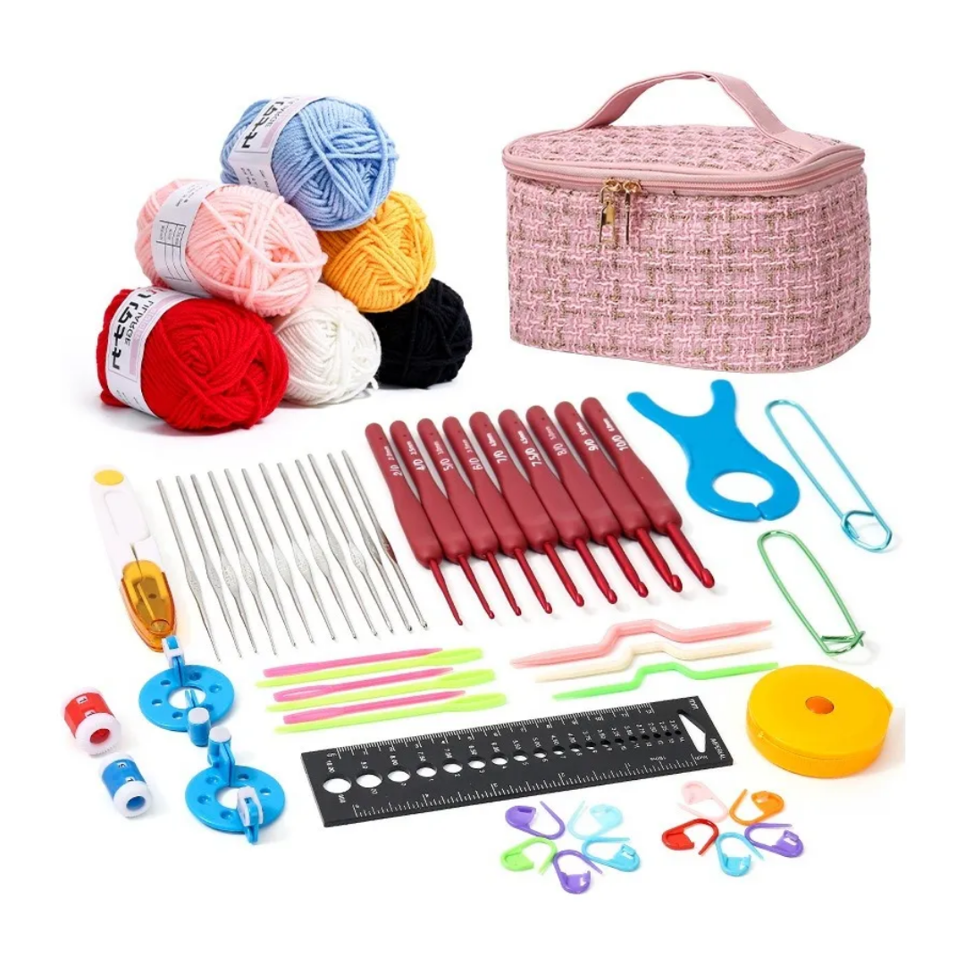Set Kit De Crochet Completo Lana + Bolso Estuche De Regalo Rosa