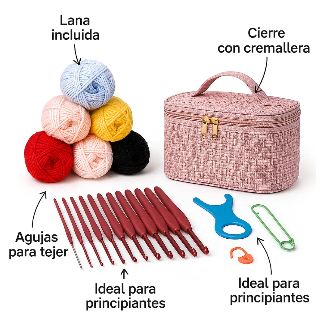 Set Kit De Crochet Completo Lana + Bolso Estuche De Regalo Rosa