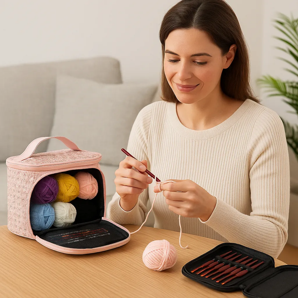 Set Kit De Crochet Completo Lana + Bolso Estuche De Regalo Rosa