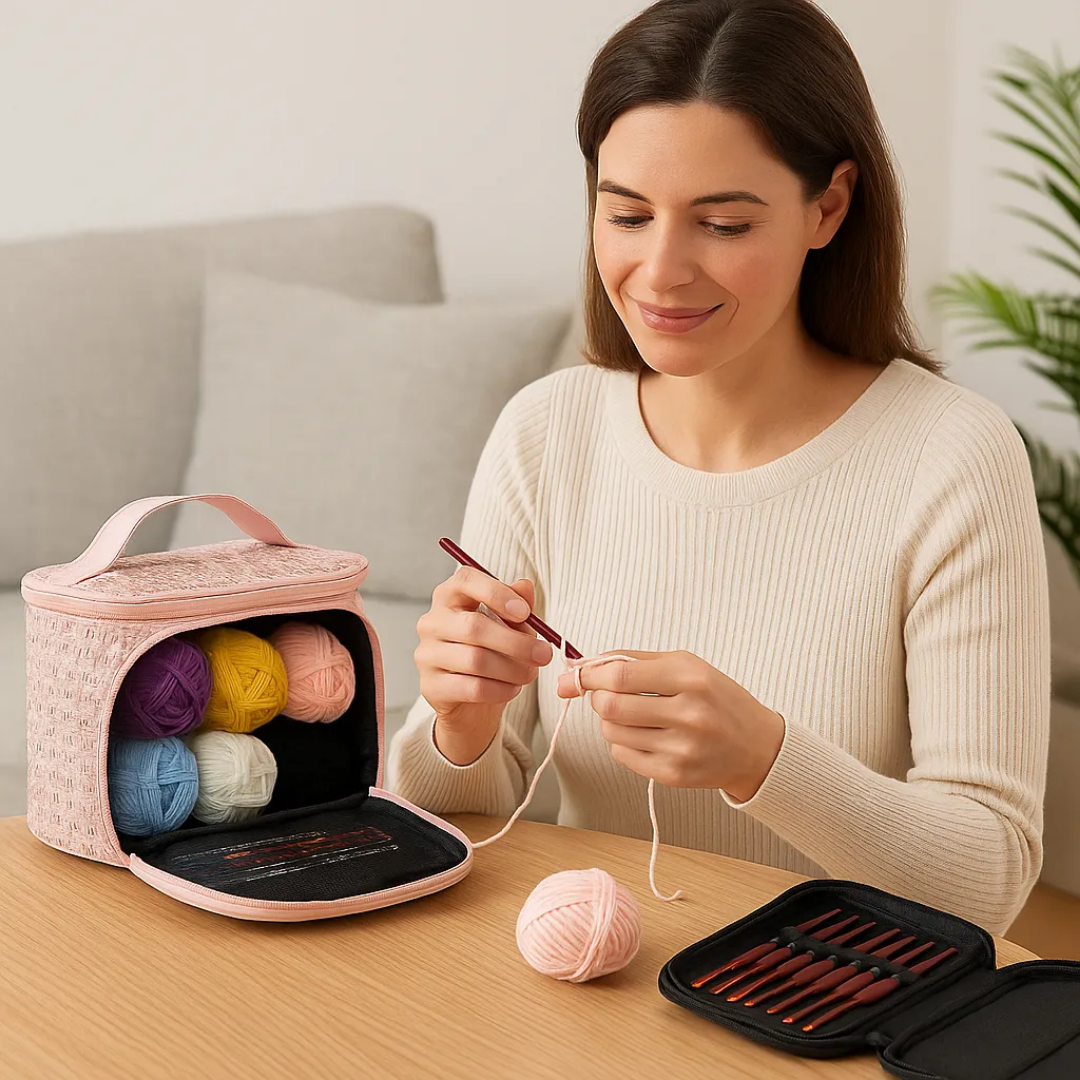 Set Kit De Crochet Completo Lana + Bolso Estuche De Regalo Rosa