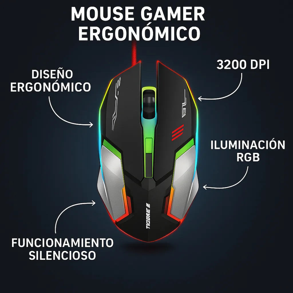 Mouse Gamer USB 3200 DPI con Luz RGB Ergonómico