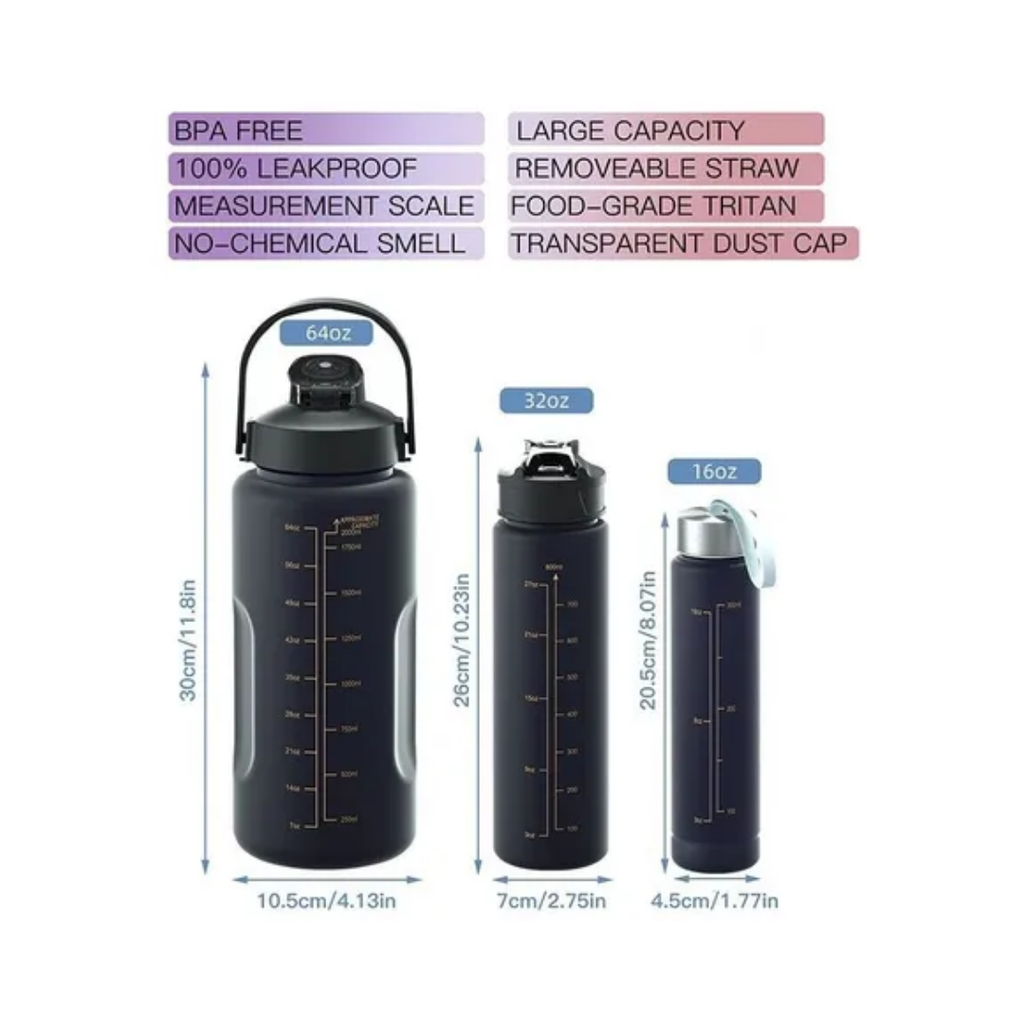 3 Botellas De Agua Motivacional 2l 900ml 300ml