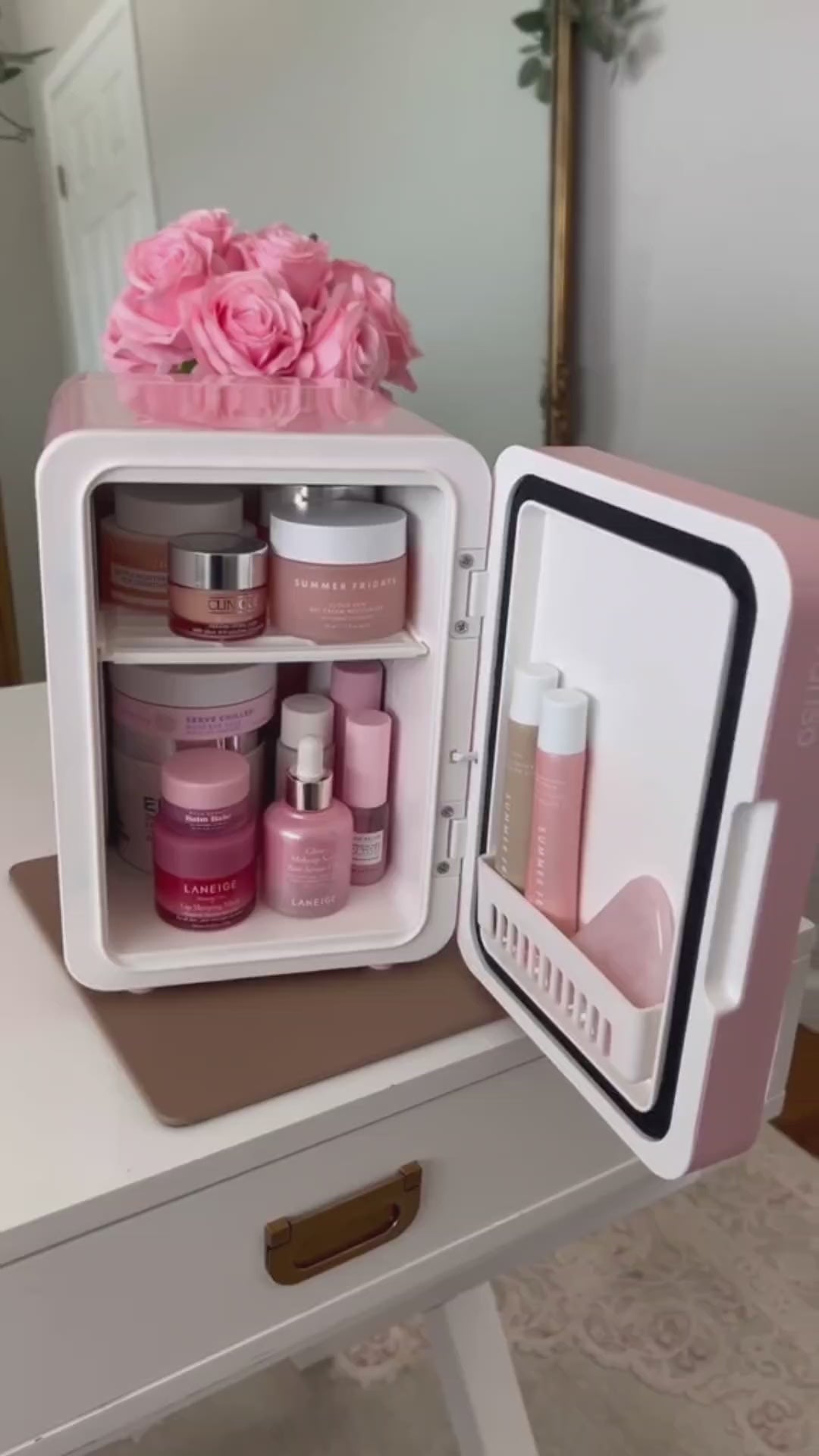 Mini Refrigerador De Maquillaje Con Espejo Y Luz Led 4l Rosa